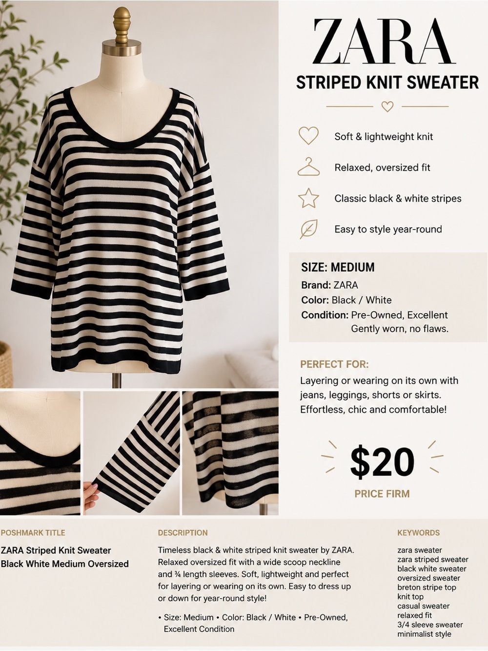 ZARA Black & White Striped Scoop-Neck Sweater